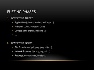 FUZZING PHASES
1. IDENTIFY THE TARGET
• Applications (players, readers, web apps…)
• Platforms (Linux, Windows, OSX)
• Devices (arm, phones, modems ..)
• …
2. IDENTIFY THE INPUTS
• File Formats (swf, pdf, png, jpeg, m3u …)
• Network Protocols (ftp, http, arp, ssl …)
• Reg keys, env variables, headers …
 