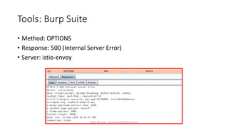 • Method: OPTIONS
• Response: 500 (Internal Server Error)
• Server: istio-envoy
Tools: Burp Suite
Alper Basaran - basaranalper@gmail.com
 