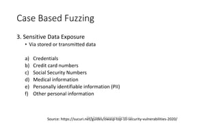 Case Based Fuzzing
3. Sensitive Data Exposure
• Via stored or transmitted data
a) Credentials
b) Credit card numbers
c) Social Security Numbers
d) Medical information
e) Personally identifiable information (PII)
f) Other personal information
Source: https://sucuri.net/guides/owasp-top-10-security-vulnerabilities-2020/
Alper Basaran - basaranalper@gmail.com
 