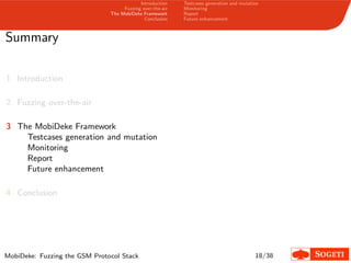 Introduction
Fuzzing over-the-air
The MobiDeke Framework
Conclusion
Testcases generation and mutation
Monitoring
Report
Future enhancement
Summary
1 Introduction
2 Fuzzing over-the-air
3 The MobiDeke Framework
Testcases generation and mutation
Monitoring
Report
Future enhancement
4 Conclusion
MobiDeke: Fuzzing the GSM Protocol Stack 18/38
 