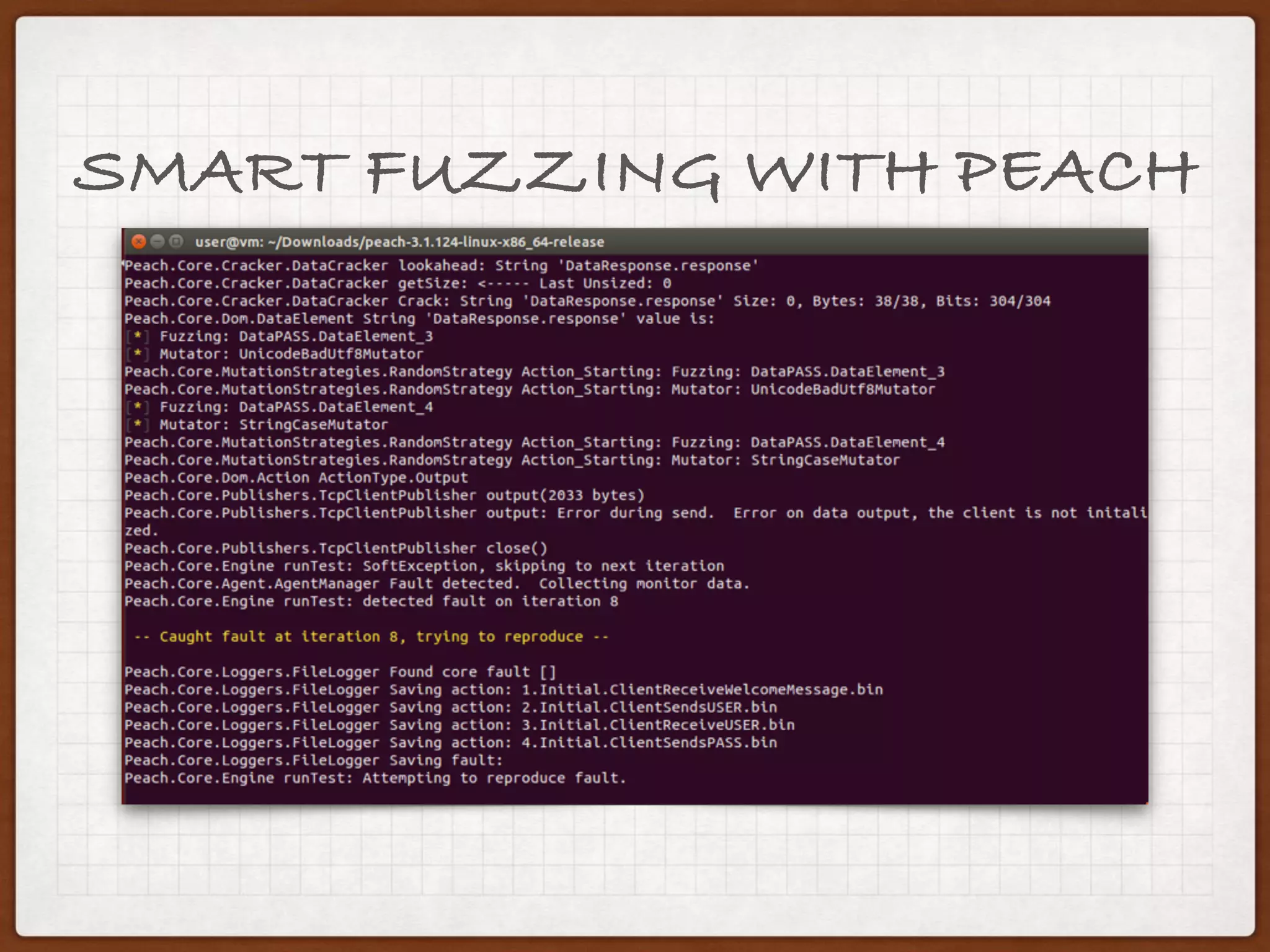 SMART FUZZING WITH PEACH
$> sudo mono Peach.exe --debug ./samples/ftp.xml
 