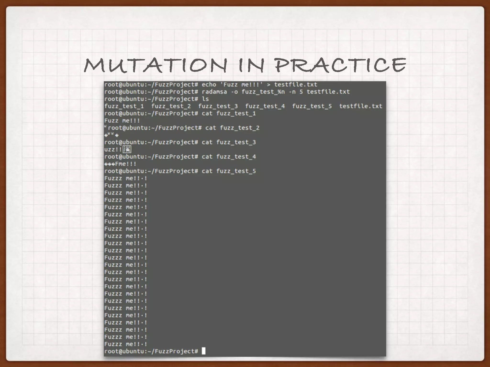 MUTATION IN PRACTICE
more about Radamsa: https://github.com/aoh/radamsa
 