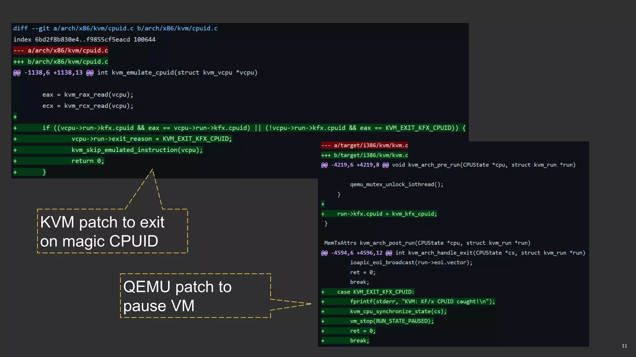 11
KVM patch to exit
on magic CPUID
QEMU patch to
pause VM
 