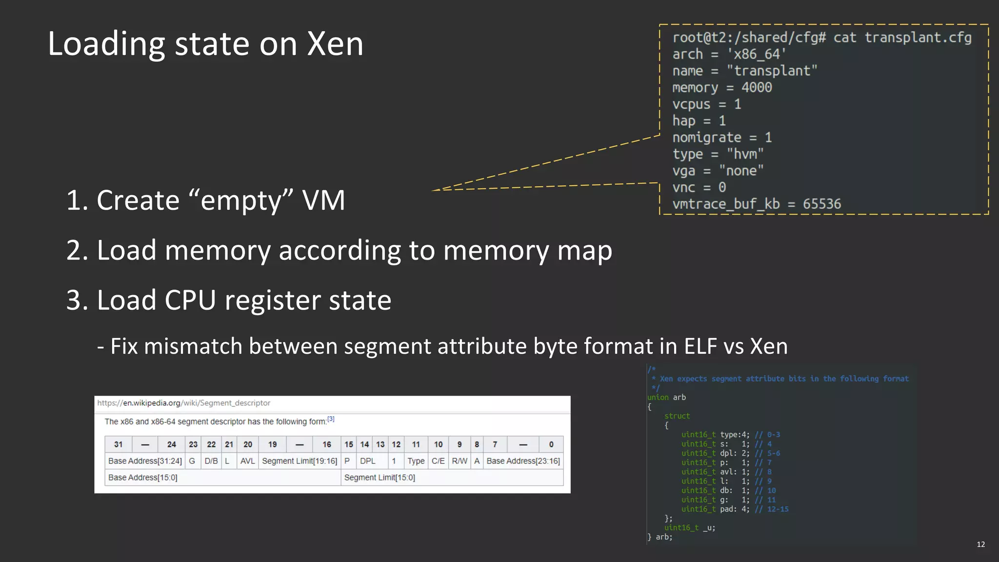 12
Loading state on Xen
1. Create “empty” VM
2. Load memory according to memory map
3. Load CPU register state
- Fix mismatch between segment attribute byte format in ELF vs Xen
 
