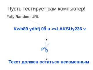 Пусть тестирует сам компьютер!
Fully Random URL


   Kwh89 ydhfj 09 u ><LAKSUy236 v




Текст должен остаться неизменным
 