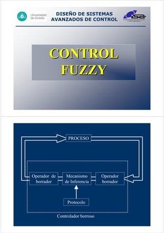 DISEÑO DE SISTEMAS
        AVANZADOS DE CONTROL




       CONTROL
        FUZZY



                   PROCESO




Operador de       Mecanismo         Operador
 borrador        de Inferencia      borrador



                   Protocolo


              Controlador borroso
 