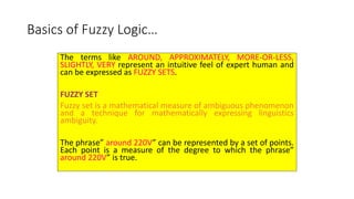 10
Basics of Fuzzy Logic…
The terms like AROUND, APPROXIMATELY, MORE-OR-LESS,
SLIGHTLY, VERY represent an intuitive feel of expert human and
can be expressed as FUZZY SETS.
FUZZY SET
Fuzzy set is a mathematical measure of ambiguous phenomenon
and a technique for mathematically expressing linguistics
ambiguity.
The phrase” around 220V” can be represented by a set of points.
Each point is a measure of the degree to which the phrase”
around 220V” is true.
 