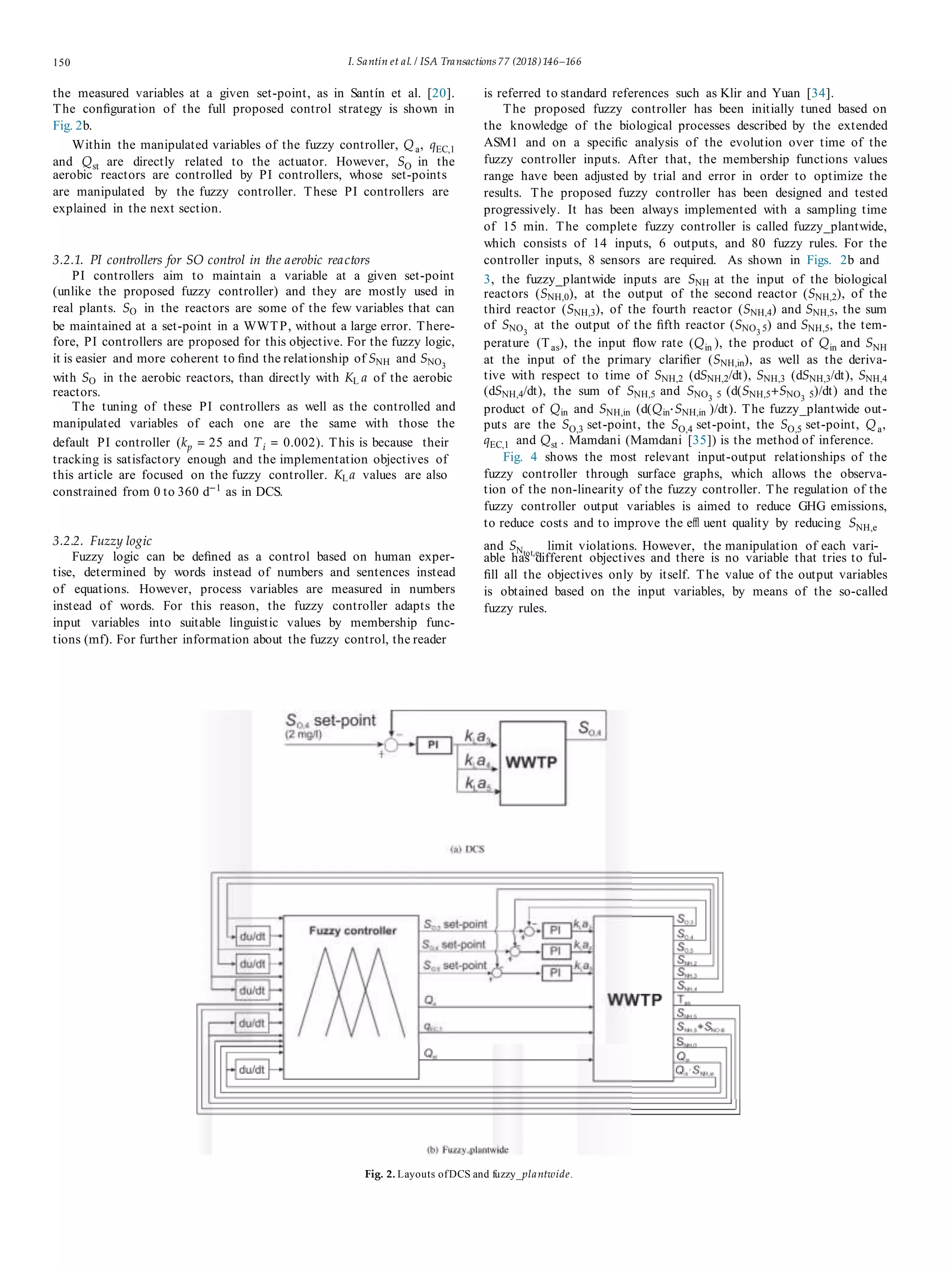 150 I. Santín et al. / ISA Transactions 77 (2018)146–166
the measured variables at a given set-point, as in Santín et al. [20].
The conﬁguration of the full proposed control strategy is shown in
Fig. 2b.
Within the manipulated variables of the fuzzy controller, Qa, qEC,1
and Qst are directly related to the actuator. However, SO in the
aerobic reactors are controlled by PI controllers, whose set-points
are manipulated by the fuzzy controller. These PI controllers are
explained in the next section.
3.2.1. PI controllers for SO control in the aerobic reactors
PI controllers aim to maintain a variable at a given set-point
(unlike the proposed fuzzy controller) and they are mostly used in
real plants. SO in the reactors are some of the few variables that can
be maintained at a set-point in a WWTP, without a large error. There-
fore, PI controllers are proposed for this objective. For the fuzzy logic,
it is easier and more coherent to ﬁnd the relationship of SNH and SNO3
with SO in the aerobic reactors, than directly with KL a of the aerobic
reactors.
The tuning of these PI controllers as well as the controlled and
manipulated variables of each one are the same with those the
default PI controller (kp = 25 and Ti = 0.002). This is because their
tracking is satisfactory enough and the implementation objectives of
this article are focused on the fuzzy controller. KLa values are also
constrained from 0 to 360 d−1
as in DCS.
3.2.2. Fuzzy logic
Fuzzy logic can be deﬁned as a control based on human exper-
tise, determined by words instead of numbers and sentences instead
of equations. However, process variables are measured in numbers
instead of words. For this reason, the fuzzy controller adapts the
input variables into suitable linguistic values by membership func-
tions (mf). For further information about the fuzzy control, the reader
is referred to standard references such as Klir and Yuan [34].
The proposed fuzzy controller has been initially tuned based on
the knowledge of the biological processes described by the extended
ASM1 and on a speciﬁc analysis of the evolution over time of the
fuzzy controller inputs. After that, the membership functions values
range have been adjusted by trial and error in order to optimize the
results. The proposed fuzzy controller has been designed and tested
progressively. It has been always implemented with a sampling time
of 15 min. The complete fuzzy controller is called fuzzy_plantwide,
which consists of 14 inputs, 6 outputs, and 80 fuzzy rules. For the
controller inputs, 8 sensors are required. As shown in Figs. 2b and
3, the fuzzy_plantwide inputs are SNH at the input of the biological
reactors (SNH,0), at the output of the second reactor (SNH,2), of the
third reactor (SNH,3), of the fourth reactor (SNH,4) and SNH,5, the sum
of SNO3
at the output of the ﬁfth reactor (SNO3 5) and SNH,5, the tem-
perature (Tas), the input ﬂow rate (Qin ), the product of Qin and SNH
at the input of the primary clariﬁer (SNH,in), as well as the deriva-
tive with respect to time of SNH,2 (dSNH,2/dt), SNH,3 (dSNH,3/dt), SNH,4
(dSNH,4/dt), the sum of SNH,5 and SNO3 5 (d(SNH,5+SNO3 5)/dt) and the
product of Qin and SNH,in (d(Qin·SNH,in )/dt). The fuzzy_plantwide out-
puts are the SO,3 set-point, the SO,4 set-point, the SO,5 set-point, Qa,
qEC,1 and Qst . Mamdani (Mamdani [35]) is the method of inference.
Fig. 4 shows the most relevant input-output relationships of the
fuzzy controller through surface graphs, which allows the observa-
tion of the non-linearity of the fuzzy controller. The regulation of the
fuzzy controller output variables is aimed to reduce GHG emissions,
to reduce costs and to improve the eﬄ uent quality by reducing SNH,e
and SNtot,e
limit violations. However, the manipulation of each vari-
able has different objectives and there is no variable that tries to ful-
ﬁll all the objectives only by itself. The value of the output variables
is obtained based on the input variables, by means of the so-called
fuzzy rules.
Fig. 2. Layouts ofDCS and fuzzy_plantwide.
 