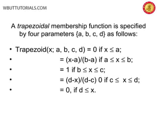 A trapezoidal membership function is specified
by four parameters {a, b, c, d} as follows:
• Trapezoid(x; a, b, c, d) = 0 if x ≤ a;
• = (x-a)/(b-a) if a ≤ x ≤ b;
• = 1 if b ≤ x ≤ c;
• = (d-x)/(d-c) 0 if c ≤ x ≤ d;
• = 0, if d ≤ x.
 