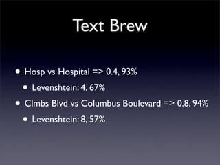 Text Brew

• Hosp vs Hospital => 0.4, 93%
 • Levenshtein: 4, 67%
• Clmbs Blvd vs Columbus Boulevard => 0.8, 94%
 • Levensh...