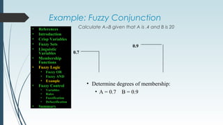 Example: Fuzzy Conjunction
Calculate A∧B given that A is .4 and B is 20
• Determine degrees of membership:
• A = 0.7 B = 0.9
0.7
0.9
• References
• Introduction
• Crisp Variables
• Fuzzy Sets
• Linguistic
Variables
• Membership
Functions
• Fuzzy Logic
• Fuzzy OR
• Fuzzy AND
• Example
• Fuzzy Control
• Variables
• Rules
• Fuzzification
• Defuzzification
• Summary
 