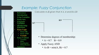 Example: Fuzzy Conjunction
Calculate A∧B given that A is .4 and B is 20
• Determine degrees of membership:
• A = 0.7 B = 0.9
• Apply Fuzzy AND
• A∧B = min(A, B) = 0.7
0.7
0.9
• References
• Introduction
• Crisp Variables
• Fuzzy Sets
• Linguistic
Variables
• Membership
Functions
• Fuzzy Logic
• Fuzzy OR
• Fuzzy AND
• Example
• Fuzzy Control
• Variables
• Rules
• Fuzzification
• Defuzzification
• Summary
 