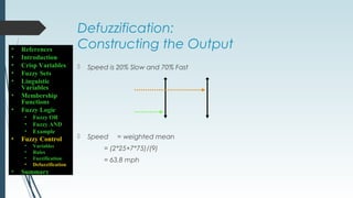 Defuzzification:
Constructing the Output
 Speed is 20% Slow and 70% Fast
 Speed = weighted mean
= (2*25+7*75)/(9)
= 63.8 mph
• References
• Introduction
• Crisp Variables
• Fuzzy Sets
• Linguistic
Variables
• Membership
Functions
• Fuzzy Logic
• Fuzzy OR
• Fuzzy AND
• Example
• Fuzzy Control
• Variables
• Rules
• Fuzzification
• Defuzzification
• Summary
 