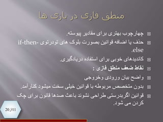 11‫از‬20
‫چهارچوب‬‫برای‬ ‫بهتری‬‫پیوسته‬ ‫مقادیر‬.
‫حذف‬‫اضافه‬ ‫یا‬‫قوانین‬‫تودرتوی‬ ‫های‬ ‫بلوک‬ ‫بصورت‬if-then-
else.
‫کاندیدهای‬‫استفاده‬ ‫برای‬ ‫خوبی‬‫دریادگیری‬.
‫فازی‬ ‫منطق‬ ‫ضعف‬ ‫نقاط‬:
‫بیان‬ ‫واضح‬‫وخروجی‬ ‫ورودی‬
‫بدون‬‫مربوطه‬ ‫متخصص‬‫با‬‫قوانین‬‫کنارآم‬ ‫میشود‬ ‫سخت‬ ‫خیلی‬‫د‬.
‫نشوند‬ ‫طراحی‬ ‫اگربدرستی‬ ‫قوانین‬‫باعث‬‫چ‬ ‫برای‬ ‫قانون‬ ‫صدها‬‫ک‬
‫می‬ ‫کردن‬‫شود‬.
 