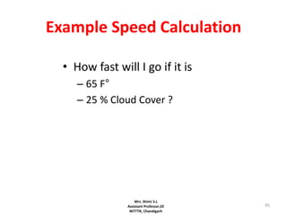 45
Example Speed Calculation
• How fast will I go if it is
– 65 F°
– 25 % Cloud Cover ?
Mrs. Shimi S.L
Assistant Professor,EE
NITTTR, Chandigarh
 