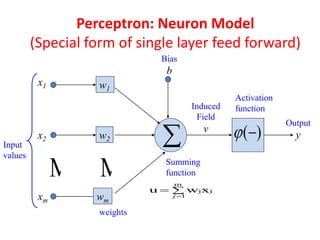 Input
values
weights
Summing
function
Bias
b
Activation
functionInduced
Field
v
Output
y
x1
x2
xm
w2
wm
w1
 
 )(


m
1
jjxwu
j
Perceptron: Neuron Model
(Special form of single layer feed forward)
 