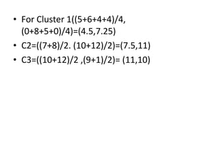 • For Cluster 1((5+6+4+4)/4,
(0+8+5+0)/4)=(4.5,7.25)
• C2=((7+8)/2. (10+12)/2)=(7.5,11)
• C3=((10+12)/2 ,(9+1)/2)= (11,10)
 