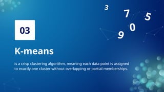 K-means
03
is a crisp clustering algorithm, meaning each data point is assigned
to exactly one cluster without overlapping or partial memberships.
9
0
7
3
5
 