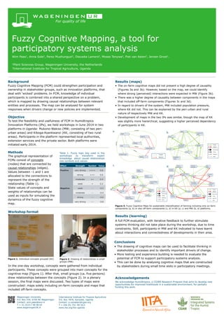 Fuzzy Cognitive Mapping, a tool for
participatory systems analysis
Wim Paas1, Anna Sole2, Perez Mushunguzi2, Dieuwke Lamers2, Moses Tenywa2, Piet van Asten2, Jeroen Groot1.
1Plant Sciences Group, Wageningen University, the Netherlands
2International Institute for Tropical Agriculture, Uganda
Background
Fuzzy Cognitive Mapping (FCM) could strengthen participation and
ownership in stakeholder groups, such as innovation platforms, that
deal with ‘wicked’ problems. In FCM, knowledge of individual
participants is combined into a shared perspective on a problem,
which is mapped by drawing causal relationships between relevant
entities and processes. The map can be analysed for system
responses when drivers change or new policies are implemented.
Results (maps)
• The on-farm cognitive maps did not present a high degree of causality
(Figures 3a and 3b). However, based on the map, we could identify
where strong (perceived) interactions were expected in MW (Figure 3b).
• There was a higher degree of causality between components in the maps
that included off-farm components (Figures 3c and 3d).
• In regard to drivers of the system, MW included population pressure,
where KK did not. This can be explained by the peri-urban and rural
nature of respectively MW and KK.
• Development of maps in the two IPs was similar, though the map of KK
was slightly more hierarchical, suggesting a higher perceived dependency
of participants in KK.
Objective
To test the feasibility and usefulness of FCM in Humidtropics
Innovation Platforms (IPs), we held workshops in June 2014 in two
platforms in Uganda: Mukono-Wakiso (MW; consisting of two peri-
urban areas) and Kiboga-Kyankwanzi (KK; consisting of two rural
areas). Participants in the platform represented local authorities,
extension services and the private sector. Both platforms were
initiated early 2014.
Results (learning)
A full FCM evaluation, with iterative feedback to further stimulate
systems thinking did not take place during the workshop, due to time
constraints. Still, participants in MW and KK indicated to have learnt
about interactions and connectedness of developments in their area.
Methods
The graphical representation of
FCMs consist of concepts
(nodes) that are connected by
causal relationships (edges).
Values between -1 and 1 are
allocated to the connections to
represent the strength of the
relationship (Table 1).
State values of concepts and
weights of relationships can be
used as inputs for simulating the
dynamics of the fuzzy cognitive
map.
Table 1: Fuzzy logic key used in the
workshops to transform expert
knowledge about causal relationships
into symbols and values.
Figure 2. Drawing of relationships in small
groups (MW)
Figure 1. Individual concepts grouped (KK)
Workshop format
Conclusions
• The drawing of cognitive maps can be used to facilitate thinking in
stakeholder processes and to identify important drivers of change.
• More testing and experience building is needed to evaluate the
potential of FCM to support participatory systems analysis.
• This can be done by analysing cognitive maps that are constructed
by stakeholders during small time slots in participatory meetings.In the one-day workshop, concepts were gathered from individual
participants. These concepts were grouped into main concepts for the
cognitive map (Figure 1). After that, small groups (ca. five persons)
drew relationships between the concepts (Figure 2). In a plenary
session, the final maps were discussed. Two types of maps were
constructed: maps solely including on-farm concepts and maps that
included off-farm concepts.
Acknowledgements
We acknowledge Humidtropics, a CGIAR Research Program that aims to develop new
opportunities for improved livelihoods in a sustainable environment, for partially
funding this work.
Wageningen University
P.O. Box 430, 6700 AK Wageningen
Contact: wim.paas@wur.nl
T + 31 (0)317 48 08 64
www.wageningenUR.nl
Effect Strength Symbol Value
Positive very strong ++++ 0.8
strong +++ 0.6
moderate ++ 0.4
weak + 0.2
Negative weak - -0.2
moderate -- -0.4
strong --- -0.6
very strong ---- -0.8
Figure 3. Fuzzy Cognitive Maps for sustainable intensification of farming including only on-farm
components (a, b) or also off-farm components (c, d) in KK (a, c) and MW (b, d) platforms.
International Institute for Tropical Agriculture
P.O. Box 7878, Kampala, Uganda
Contact: p.vanasten@cgiar.org
T + 256 (0) 752 787 812
www.iita.org/iita-uganda
a. b.
c. d.
 
