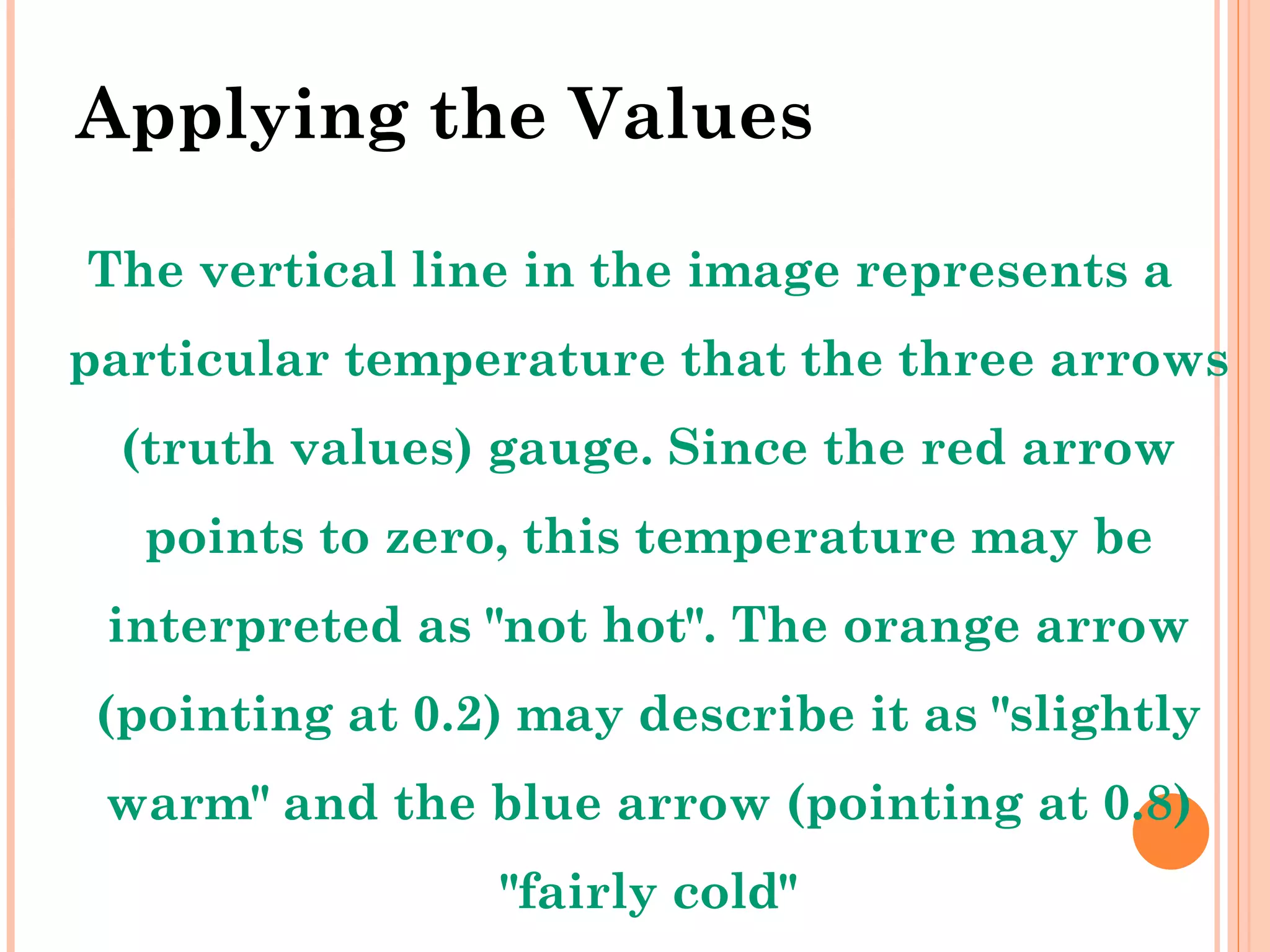 Applying the Values The vertical line in the image represents a particular temperature that the three arrows (truth values) gauge. Since the red arrow points to zero, this temperature may be interpreted as &quot;not hot&quot;. The orange arrow (pointing at 0.2) may describe it as &quot;slightly warm&quot; and the blue arrow (pointing at 0.8) &quot;fairly cold&quot; 