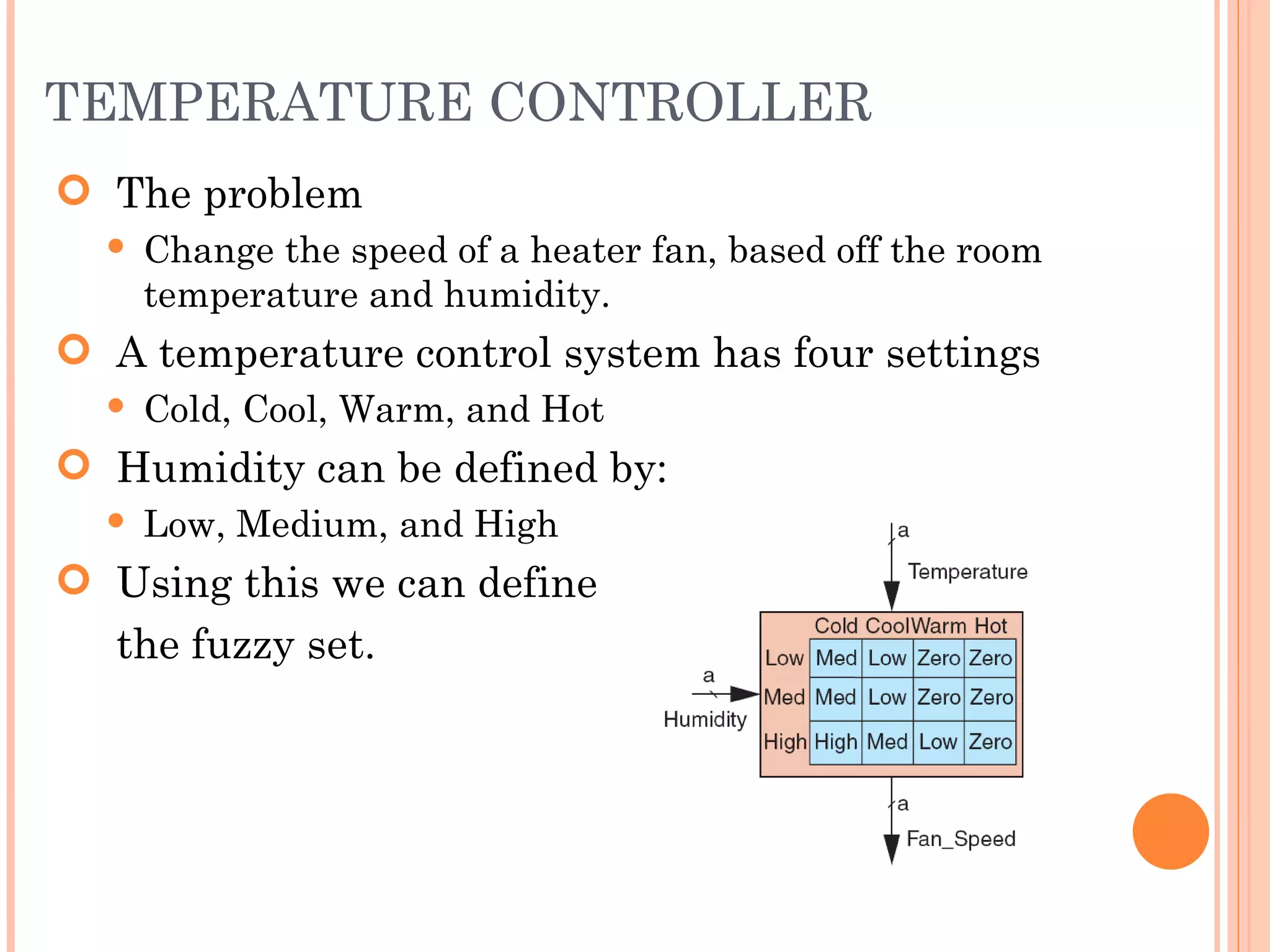 TEMPERATURE CONTROLLER The problem Change the speed of a heater fan, based off the room temperature and humidity. A temperature control system has four settings Cold, Cool, Warm, and Hot Humidity can be defined by: Low, Medium, and High Using this we can define    the fuzzy set. 