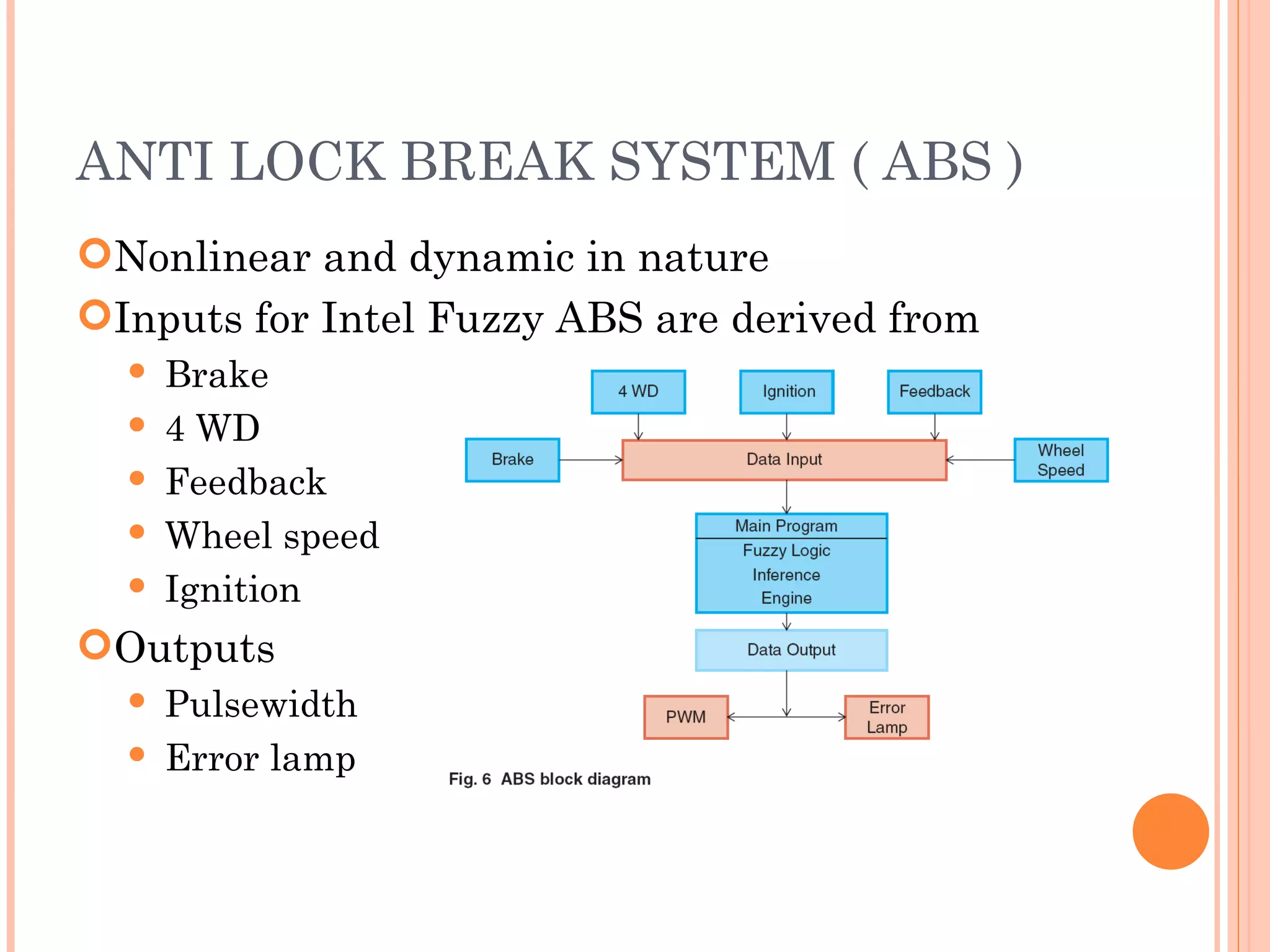 ANTI LOCK BREAK SYSTEM ( ABS ) Nonlinear and dynamic in nature Inputs for Intel Fuzzy ABS are derived from Brake 4 WD Feedback Wheel speed Ignition Outputs  Pulsewidth Error lamp 