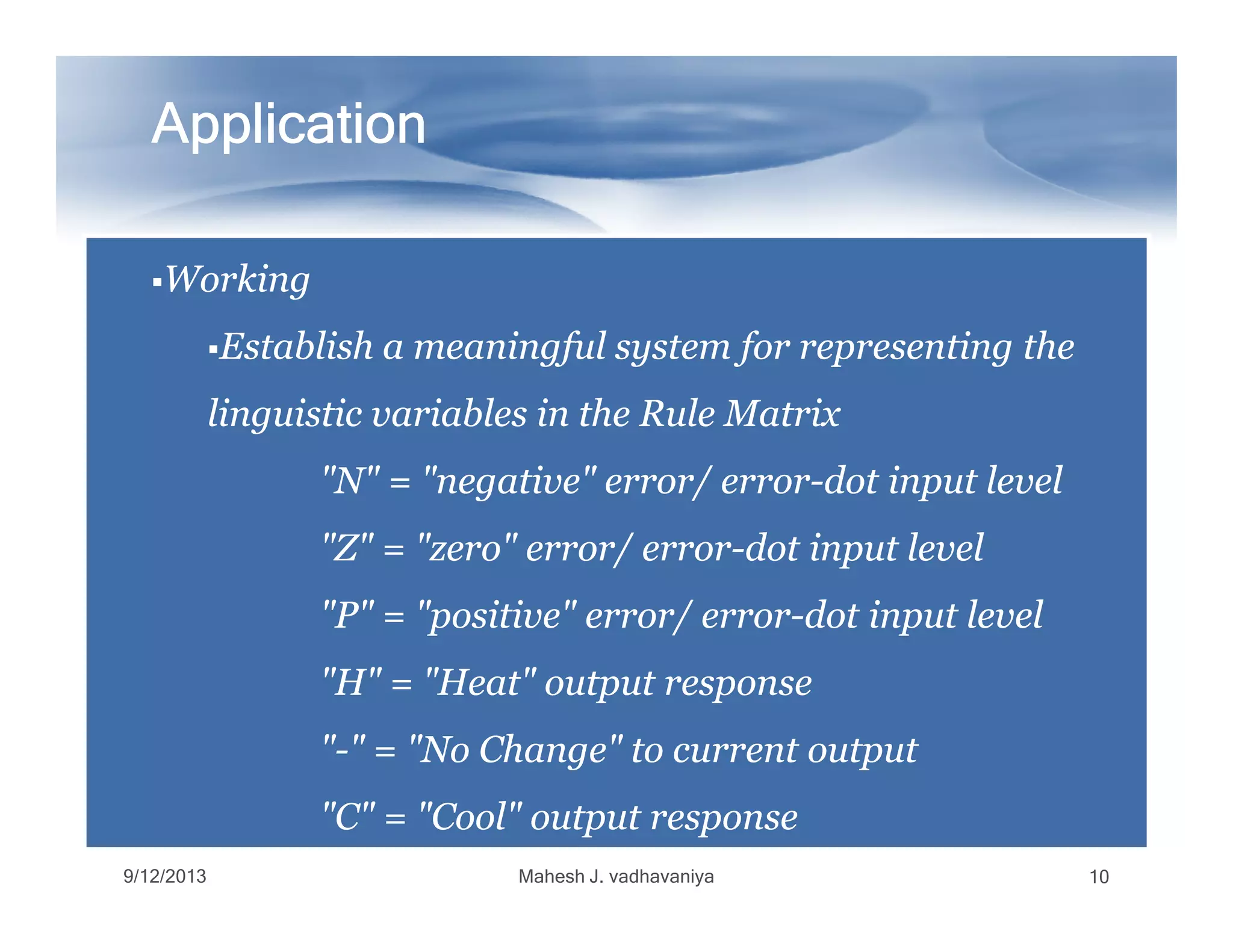 ApplicationApplicationApplicationApplicationApplicationApplicationApplicationApplication
WorkingWorking
Establish a meaningful system for representing theEstablish a meaningful system for representing the
linguistic variables in the Rule Matrixlinguistic variables in the Rule Matrix
"N" = "negative" error/ error"N" = "negative" error/ error--dot input leveldot input level"N" = "negative" error/ error"N" = "negative" error/ error--dot input leveldot input level
"Z" = "zero" error/ error"Z" = "zero" error/ error--dot input leveldot input level
"P" = "positive" error/ error"P" = "positive" error/ error--dot input leveldot input level
"H" = "Heat" output response"H" = "Heat" output response
""--" = "No Change" to current output" = "No Change" to current output
"C" = "Cool" output response"C" = "Cool" output response
9/12/2013 Mahesh J. vadhavaniya 10
 