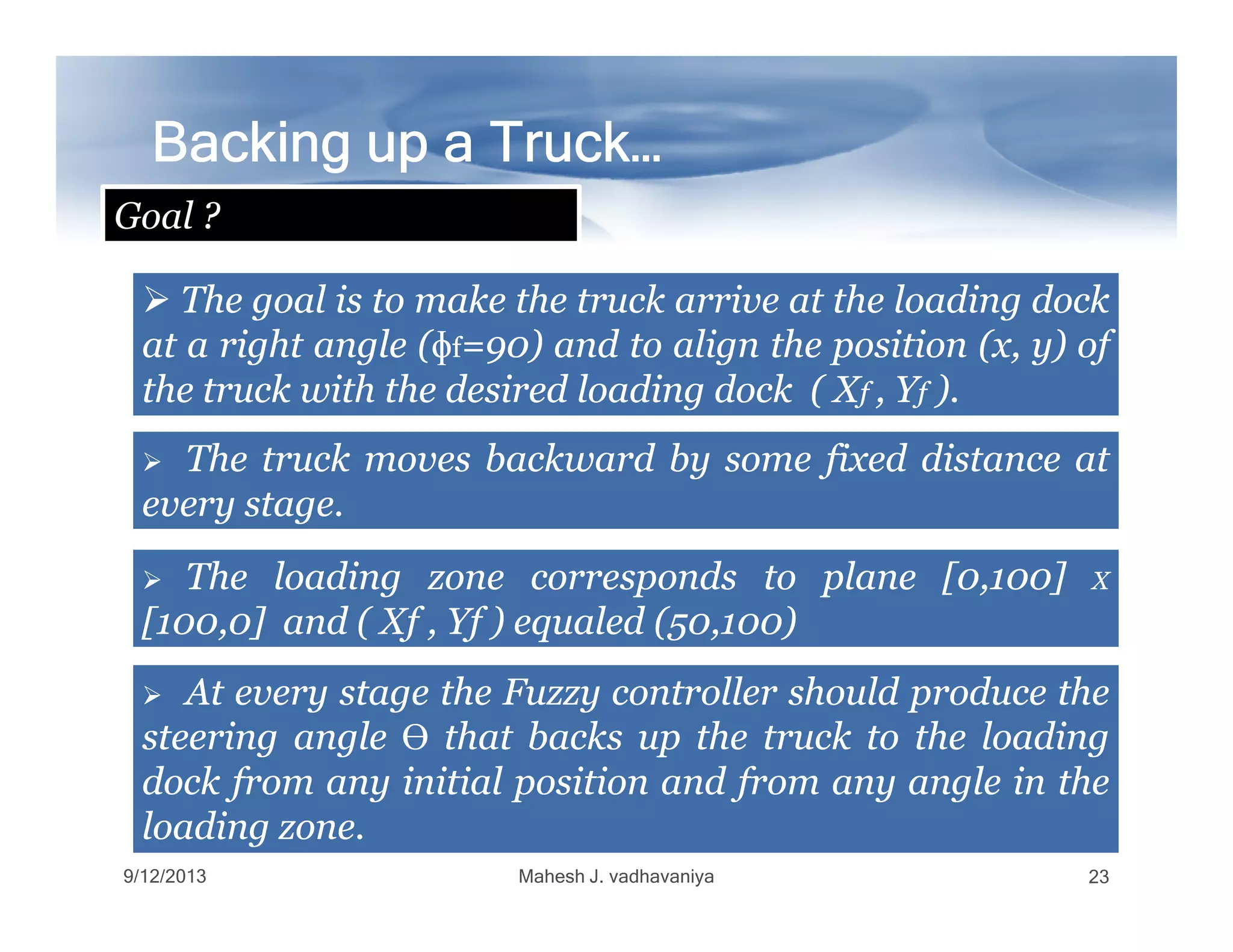 Backing up a Truck…Backing up a Truck…Backing up a Truck…Backing up a Truck…Backing up a Truck…Backing up a Truck…Backing up a Truck…Backing up a Truck…
TheThe goalgoal isis toto makemake thethe trucktruck arrivearrive atat thethe loadingloading dockdock
atat aa rightright angleangle ((ɸɸff==9090)) andand toto alignalign thethe positionposition (x,(x, y)y) ofof
thethe trucktruck withwith thethe desireddesired loadingloading dockdock (( XXff ,, YYff ))..
TheThe trucktruck movesmoves backwardbackward byby somesome fixedfixed distancedistance atat
Goal ?
9/12/2013 Mahesh J. vadhavaniya 23
TheThe trucktruck movesmoves backwardbackward byby somesome fixedfixed distancedistance atat
everyevery stagestage..
TheThe loadingloading zonezone correspondscorresponds toto planeplane [[00,,100100]] XX
[[100100,,00]] andand (( XfXf ,, YfYf )) equaledequaled ((5050,,100100))
AtAt everyevery stagestage thethe FuzzyFuzzy controllercontroller shouldshould produceproduce thethe
steeringsteering angleangle ϴϴ thatthat backsbacks upup thethe trucktruck toto thethe loadingloading
dockdock fromfrom anyany initialinitial positionposition andand fromfrom anyany angleangle inin thethe
loadingloading zonezone..
 