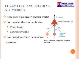 FUZZY LOGIC VS. NEURAL
NETWORKS
 How does a Neural Network work?
 Both model the human brain.
 Fuzzy Logic
 Neural Networks
 Both used to create behavioral
systems.
 