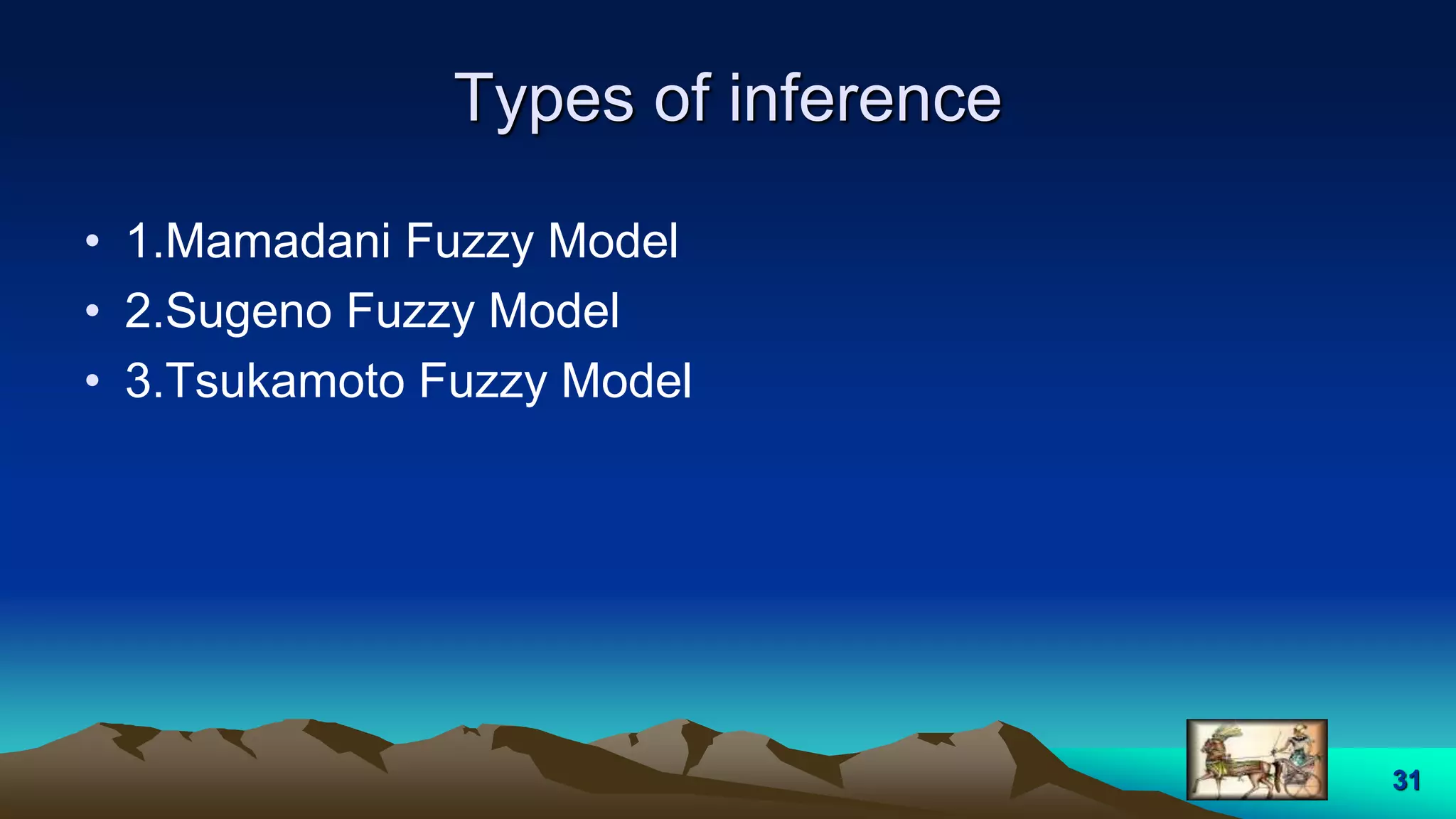 Types of inference
• 1.Mamadani Fuzzy Model
• 2.Sugeno Fuzzy Model
• 3.Tsukamoto Fuzzy Model
31
 