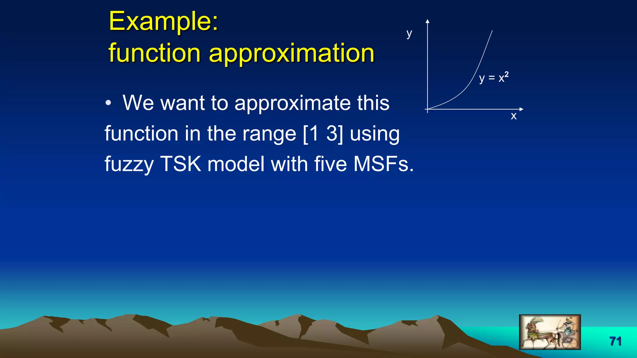 71
Example:
function approximation
• We want to approximate this
function in the range [1 3] using
fuzzy TSK model with five MSFs.
y = x2
y
x
 