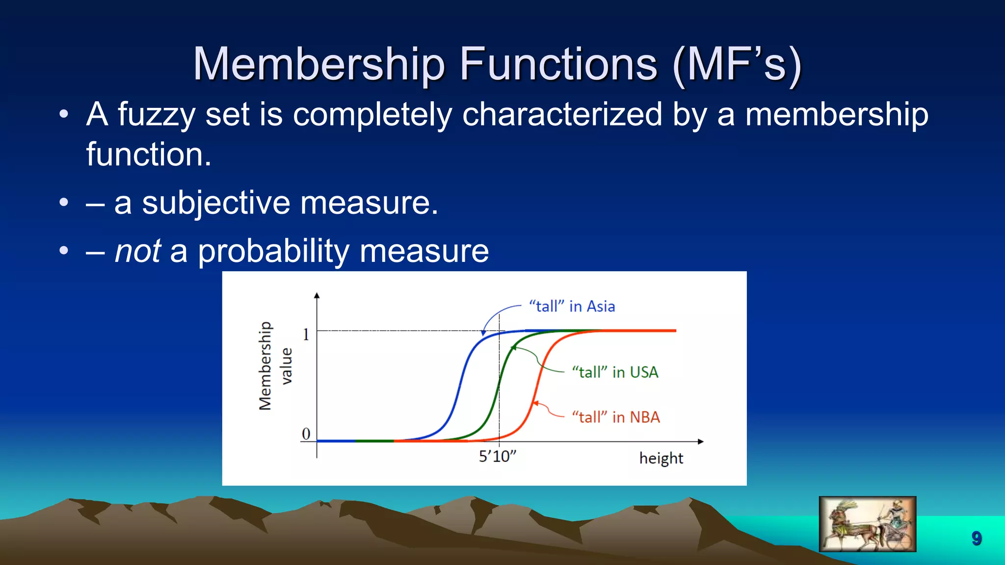 Membership Functions (MF’s)
• A fuzzy set is completely characterized by a membership
function.
• – a subjective measure.
• – not a probability measure
9
 