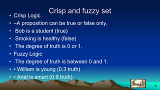 Crisp and fuzzy set
• Crisp Logic
• –A proposition can be true or false only.
• Bob is a student (true)
• Smoking is healthy (false)
• The degree of truth is 0 or 1.
• Fuzzy Logic
• The degree of truth is between 0 and 1.
• • William is young (0.3 truth)
• • Ariel is smart (0.9 truth)
5
 