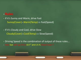 • Rules 
• If it's Sunny and Warm, drive Fast 
Sunny(Cover)Warm(Temp) Fast(Speed) 
• If it's Cloudy and Cool, drive Slow 
Cloudy(Cover)Cool(Temp) Slow(Speed) 
• Driving Speed is the combination of output of these rules... 
• How fast will I go if it is 65 F° and 25 % Cloud Cover ? 
 