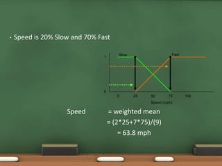 • Speed is 20% Slow and 70% Fast 
Slow Fast 
0 25 50 75 100 
Speed (mph) 
1 
Speed = weighted mean 
= (2*25+7*75)/(9) 
= 63.8 mph 
0 
 