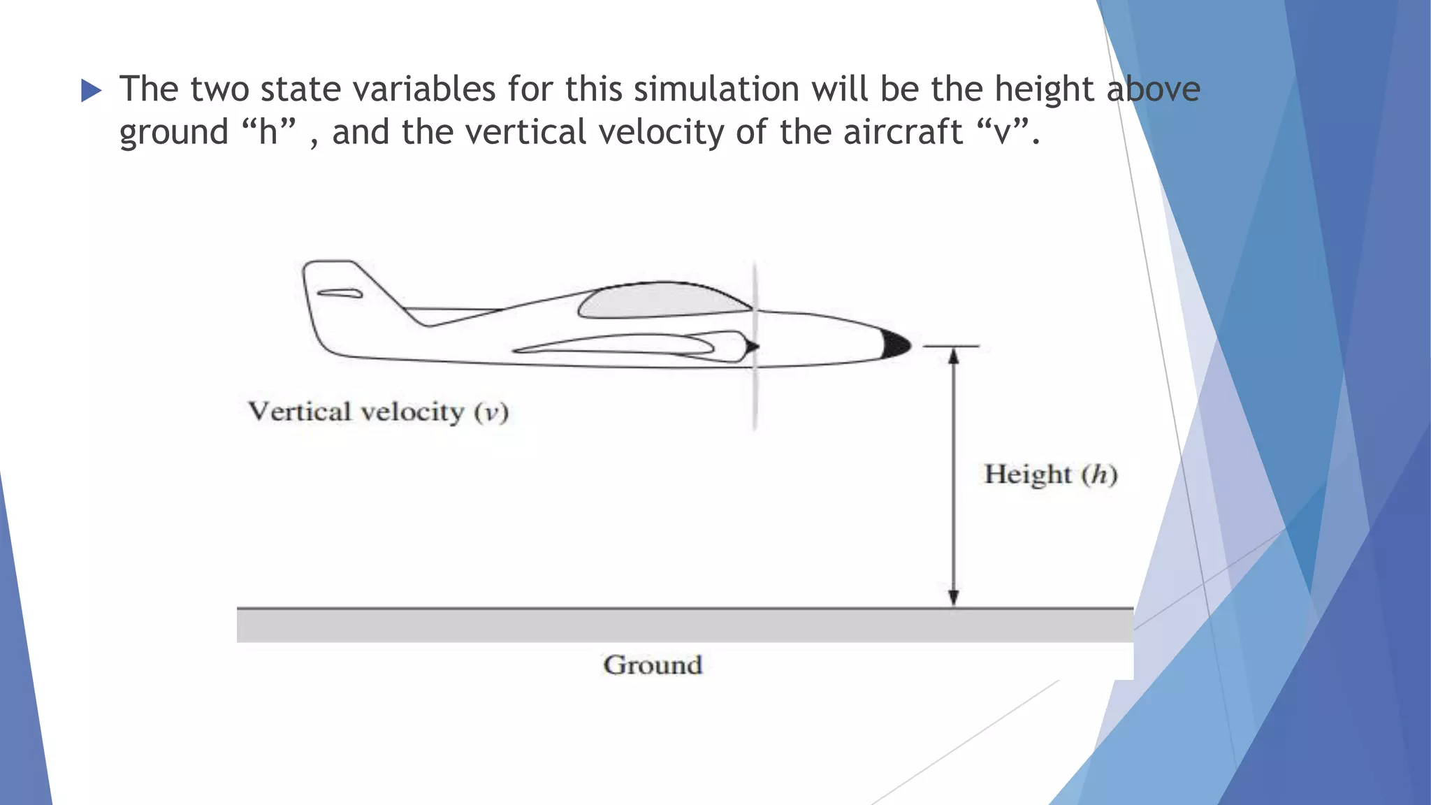 

The two state variables for this simulation will be the height above
ground “h” , and the vertical velocity of the aircraft “v”.

 