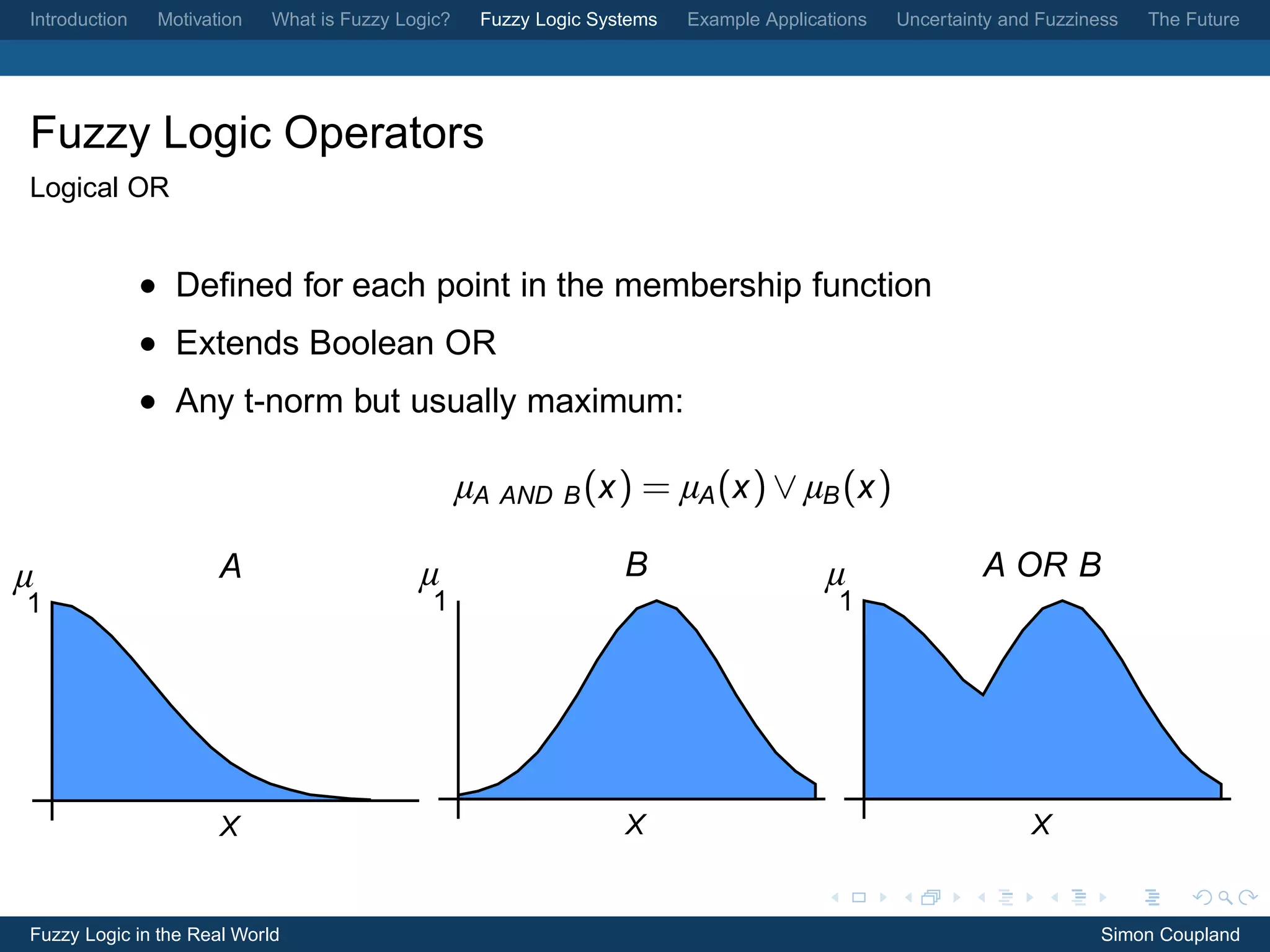 Introduction    Motivation   What is Fuzzy Logic?    Fuzzy Logic Systems   Example Applications   Uncertainty and Fuzziness   The Future




Fuzzy Logic Operators
Logical OR


               • Deﬁned for each point in the membership function
               • Extends Boolean OR
               • Any t-norm but usually maximum:

                                                    µA AND B (x ) = µA (x ) ∨ µB (x )

µ                      A                     µ                      B                     µ                A OR B
1                                             1                                            1




                       X                                            X                                            X


Fuzzy Logic in the Real World                                                                                            Simon Coupland
 