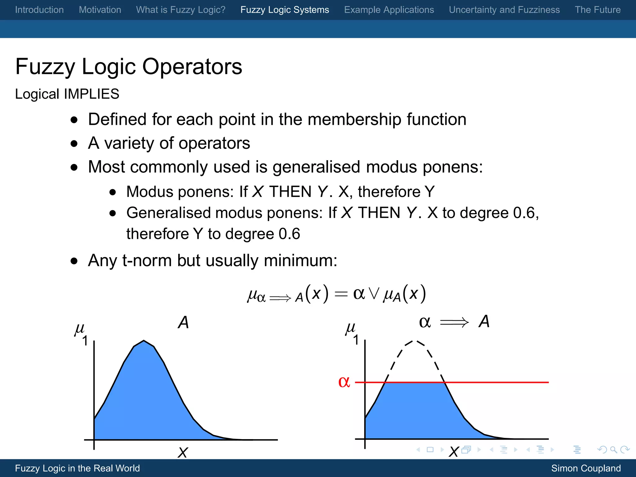 Introduction    Motivation   What is Fuzzy Logic?   Fuzzy Logic Systems   Example Applications   Uncertainty and Fuzziness   The Future




Fuzzy Logic Operators
Logical IMPLIES
               • Deﬁned for each point in the membership function
               • A variety of operators
               • Most commonly used is generalised modus ponens:
                      • Modus ponens: If X THEN Y . X, therefore Y
                      • Generalised modus ponens: If X THEN Y . X to degree 0.6,
                        therefore Y to degree 0.6
               • Any t-norm but usually minimum:
                                                     µα =⇒ A (x ) = α ∨ µA (x )
               µ                      A                            µ          α =⇒ A
                1                                                             1

                                                                          α


                                      X                                                          X
Fuzzy Logic in the Real World                                                                                           Simon Coupland
 