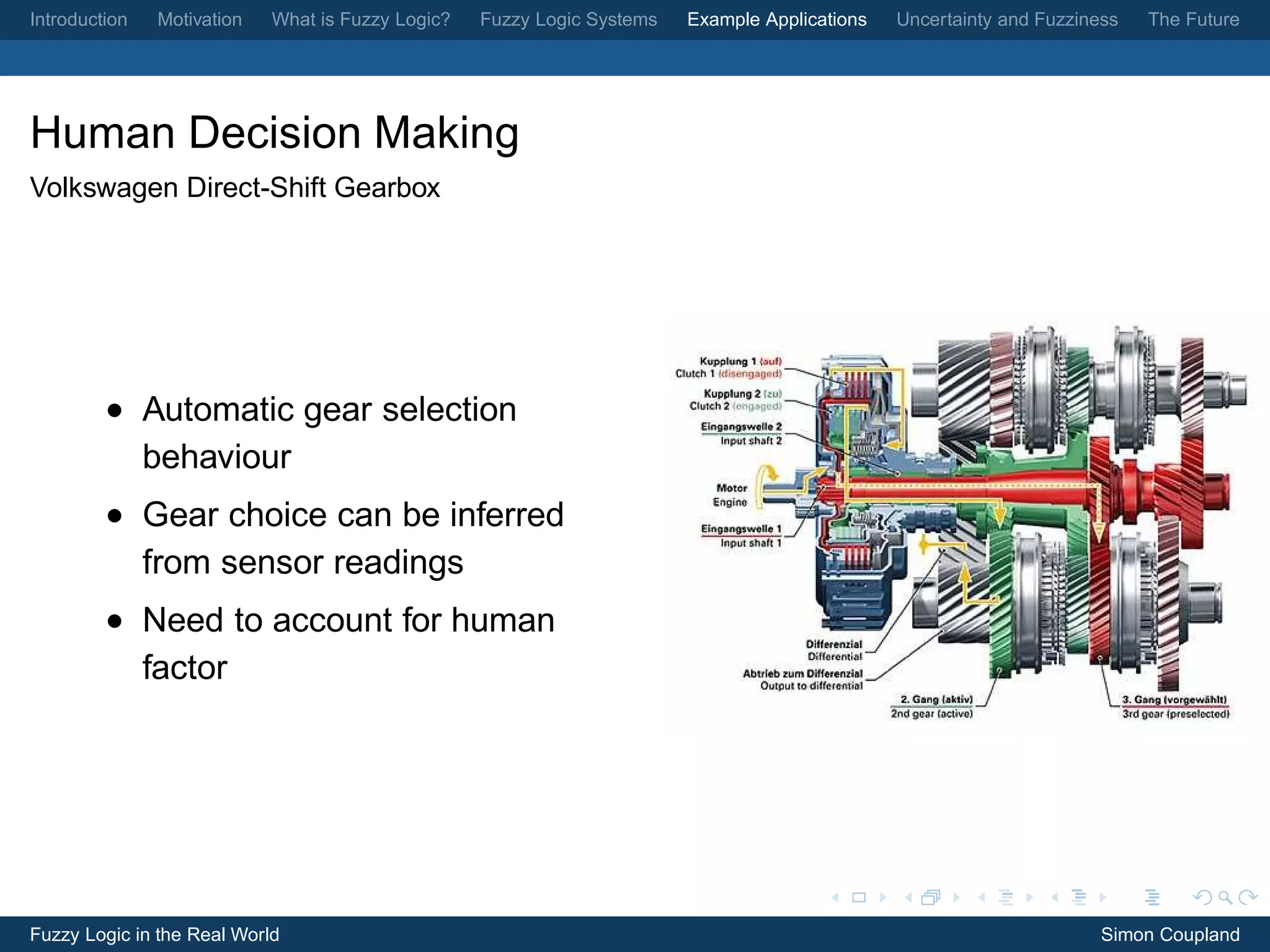 Introduction   Motivation   What is Fuzzy Logic?   Fuzzy Logic Systems   Example Applications   Uncertainty and Fuzziness   The Future




Human Decision Making
Volkswagen Direct-Shift Gearbox




         • Automatic gear selection
           behaviour
         • Gear choice can be inferred
           from sensor readings
         • Need to account for human
           factor




Fuzzy Logic in the Real World                                                                                          Simon Coupland
 