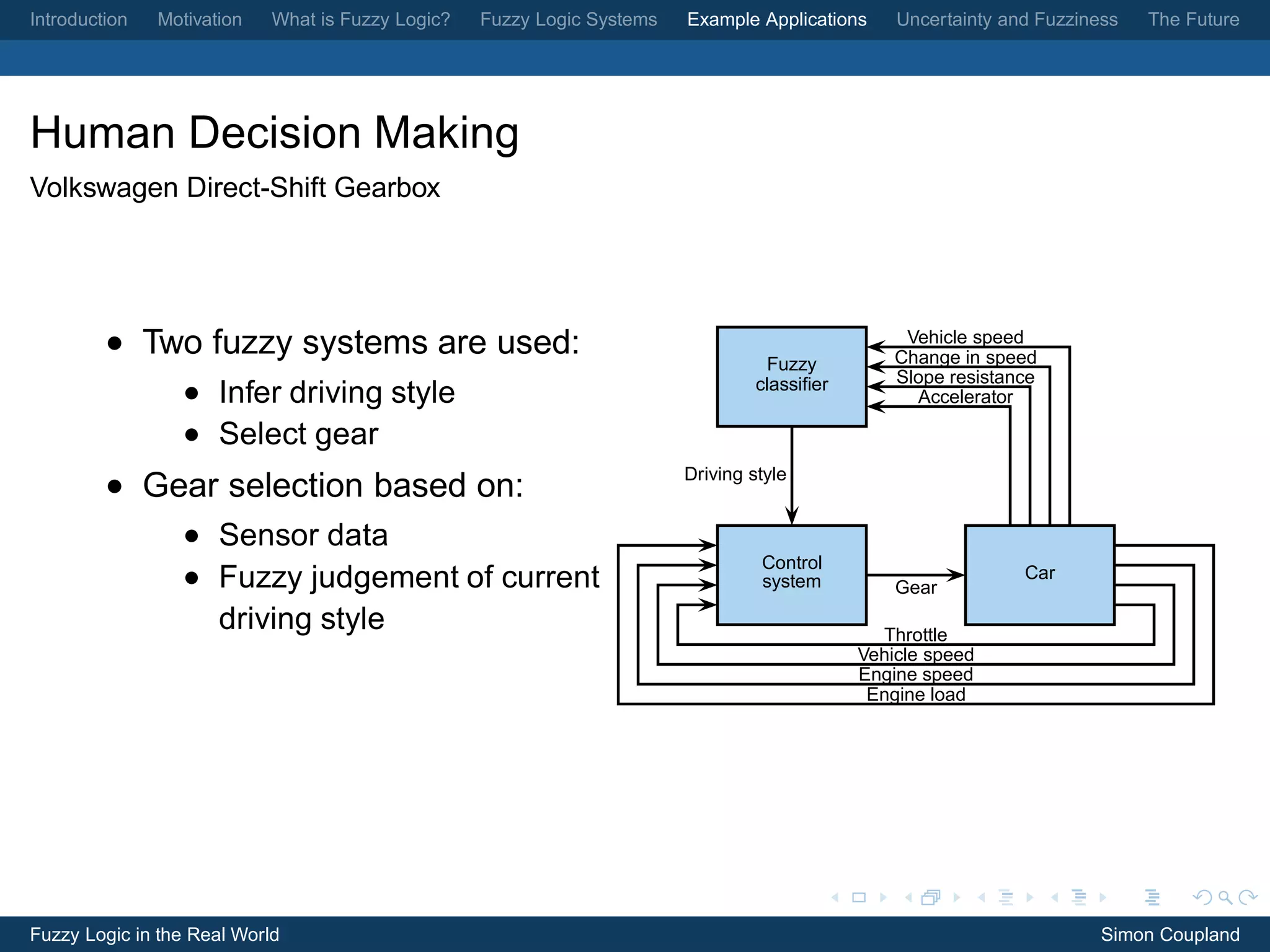 Introduction   Motivation   What is Fuzzy Logic?   Fuzzy Logic Systems   Example Applications     Uncertainty and Fuzziness   The Future




Human Decision Making
Volkswagen Direct-Shift Gearbox




         • Two fuzzy systems are used:                                                             Vehicle speed
                                                                                                  Change in speed
                                                                                   Fuzzy
                                                                                  classiﬁer       Slope resistance
                  • Infer driving style                                                             Accelerator

                  • Select gear
                                                                         Driving style
         • Gear selection based on:
                  • Sensor data
                                                                                  Control
                  • Fuzzy judgement of current                                    system          Gear
                                                                                                                Car

                    driving style                                                               Throttle
                                                                                              Vehicle speed
                                                                                              Engine speed
                                                                                               Engine load




Fuzzy Logic in the Real World                                                                                            Simon Coupland
 
