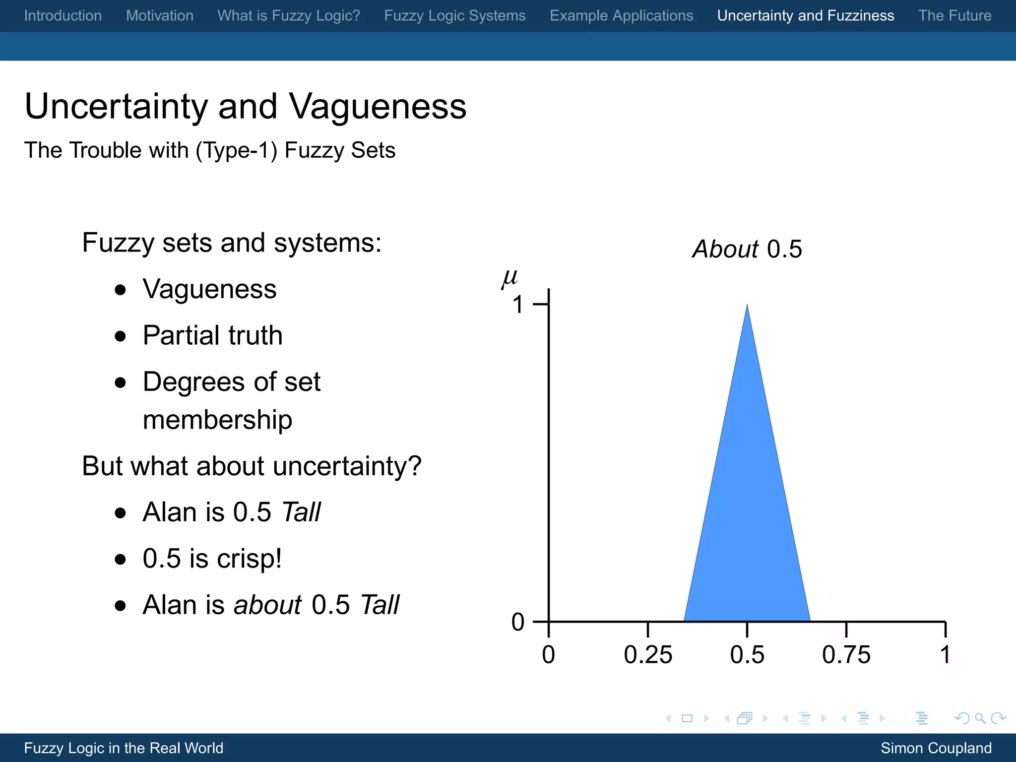Introduction    Motivation   What is Fuzzy Logic?   Fuzzy Logic Systems   Example Applications   Uncertainty and Fuzziness   The Future




Uncertainty and Vagueness
The Trouble with (Type-1) Fuzzy Sets



        Fuzzy sets and systems:                                                              About 0.5
               • Vagueness                                         µ
                                                                     1
               • Partial truth
               • Degrees of set
                 membership
        But what about uncertainty?
               • Alan is 0.5 Tall
               • 0.5 is crisp!
               • Alan is about 0.5 Tall
                                                                     0
                                                                          0         0.25          0.5          0.75            1


Fuzzy Logic in the Real World                                                                                           Simon Coupland
 