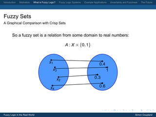 Introduction   Motivation   What is Fuzzy Logic?    Fuzzy Logic Systems   Example Applications   Uncertainty and Fuzziness   The Future




Fuzzy Sets
A Graphical Comparison with Crisp Sets


        So a fuzzy set is a relation from some domain to real numbers:

                                                         A : X × {0, 1}



                                          x1                                           0.4
                                             x3                                              1

                                                   x2                              0.3

                                           x4                                          0.6




Fuzzy Logic in the Real World                                                                                           Simon Coupland
 