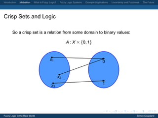 Introduction   Motivation   What is Fuzzy Logic?    Fuzzy Logic Systems   Example Applications   Uncertainty and Fuzziness   The Future




Crisp Sets and Logic

        So a crisp set is a relation from some domain to binary values:

                                                         A : X × {0, 1}



                                          x1                                             0


                                                   x2

                                           x3                                            1




Fuzzy Logic in the Real World                                                                                           Simon Coupland
 