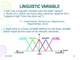 4/3/2020 21
LINGUISTIC VARIABLE
 Let x be a linguistic variable with the label “speed”.
 Terms of x, which are fuzzy sets, could be “positive low”,
“negative high” from the term set T:
T = {PostiveHigh, PositiveLow, NegativeLow,
NegativeHigh, Zero}
 Each term is a fuzzy variable defined on the base variable
which might be the scale of all relevant velocities.
 