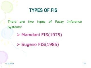 4/3/2020 35
TYPES OF FIS
There are two types of Fuzzy Inference
Systems:
 Mamdani FIS(1975)
 Sugeno FIS(1985)
 