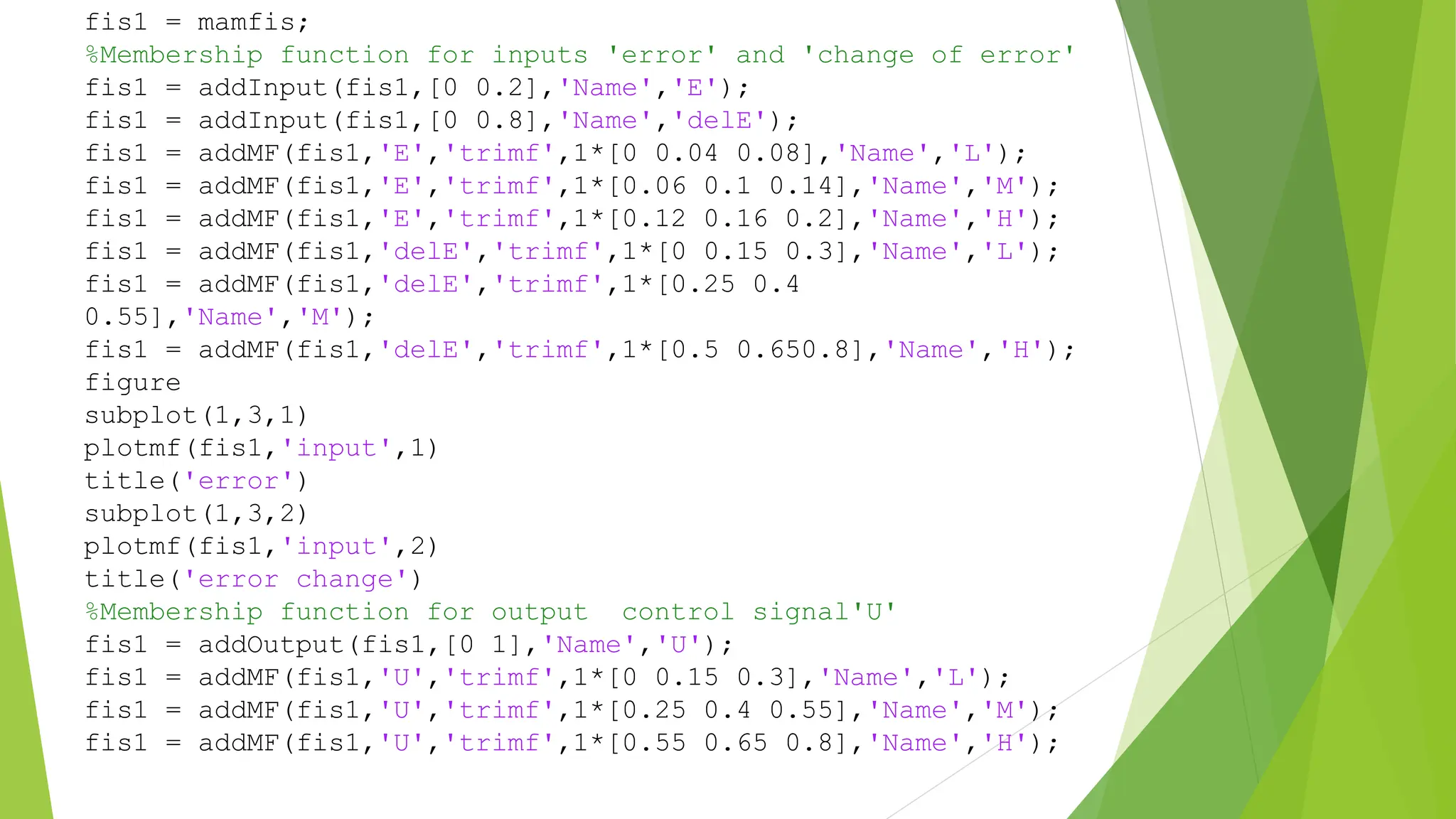 fis1 = mamfis;
%Membership function for inputs 'error' and 'change of error'
fis1 = addInput(fis1,[0 0.2],'Name','E');
fis1 = addInput(fis1,[0 0.8],'Name','delE');
fis1 = addMF(fis1,'E','trimf',1*[0 0.04 0.08],'Name','L');
fis1 = addMF(fis1,'E','trimf',1*[0.06 0.1 0.14],'Name','M');
fis1 = addMF(fis1,'E','trimf',1*[0.12 0.16 0.2],'Name','H');
fis1 = addMF(fis1,'delE','trimf',1*[0 0.15 0.3],'Name','L');
fis1 = addMF(fis1,'delE','trimf',1*[0.25 0.4
0.55],'Name','M');
fis1 = addMF(fis1,'delE','trimf',1*[0.5 0.650.8],'Name','H');
figure
subplot(1,3,1)
plotmf(fis1,'input',1)
title('error')
subplot(1,3,2)
plotmf(fis1,'input',2)
title('error change')
%Membership function for output control signal'U'
fis1 = addOutput(fis1,[0 1],'Name','U');
fis1 = addMF(fis1,'U','trimf',1*[0 0.15 0.3],'Name','L');
fis1 = addMF(fis1,'U','trimf',1*[0.25 0.4 0.55],'Name','M');
fis1 = addMF(fis1,'U','trimf',1*[0.55 0.65 0.8],'Name','H');
 