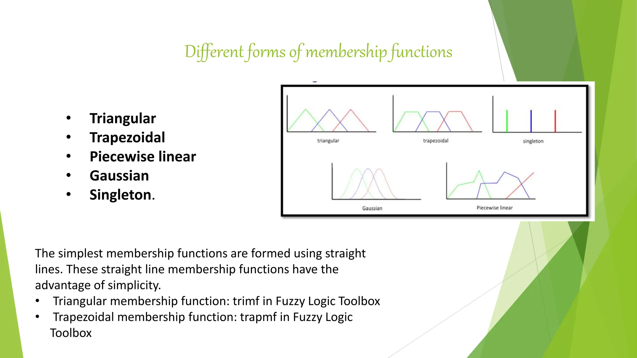 Different forms of membership functions
• Triangular
• Trapezoidal
• Piecewise linear
• Gaussian
• Singleton.
The simplest membership functions are formed using straight
lines. These straight line membership functions have the
advantage of simplicity.
• Triangular membership function: trimf in Fuzzy Logic Toolbox
• Trapezoidal membership function: trapmf in Fuzzy Logic
Toolbox
 