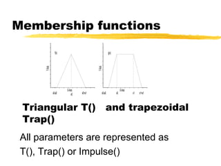 Membership functions Triangular T()  and trapezoidal Trap() All parameters are represented as  T(), Trap() or Impulse() 