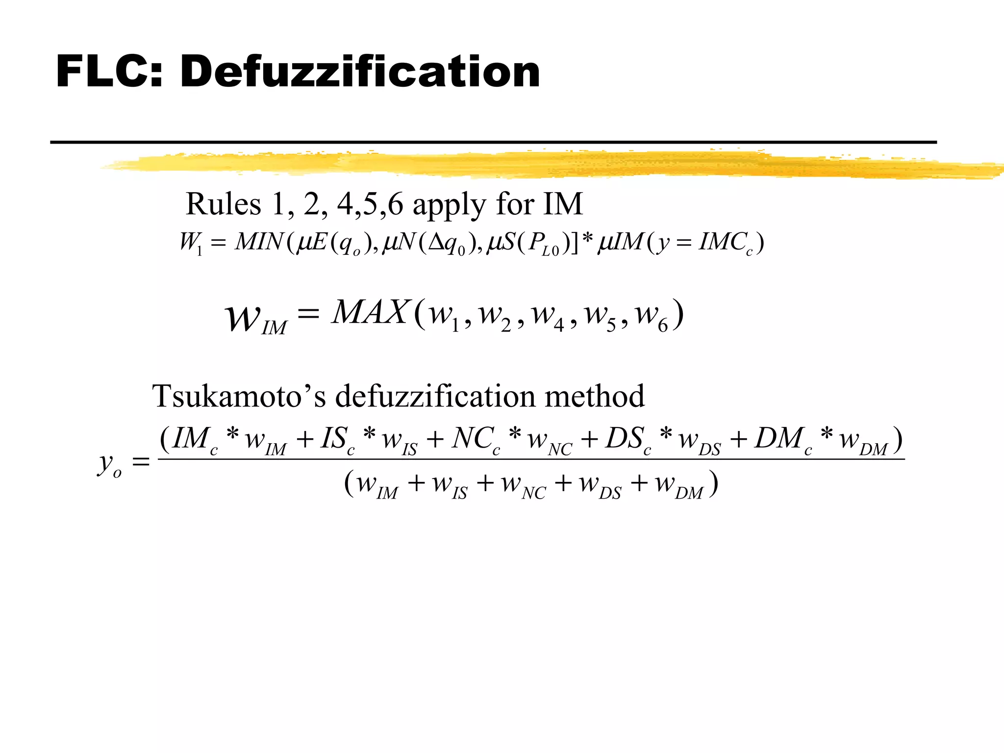 FLC: Defuzzification Rules 1, 2, 4,5,6 apply for IM Tsukamoto’s defuzzification method 