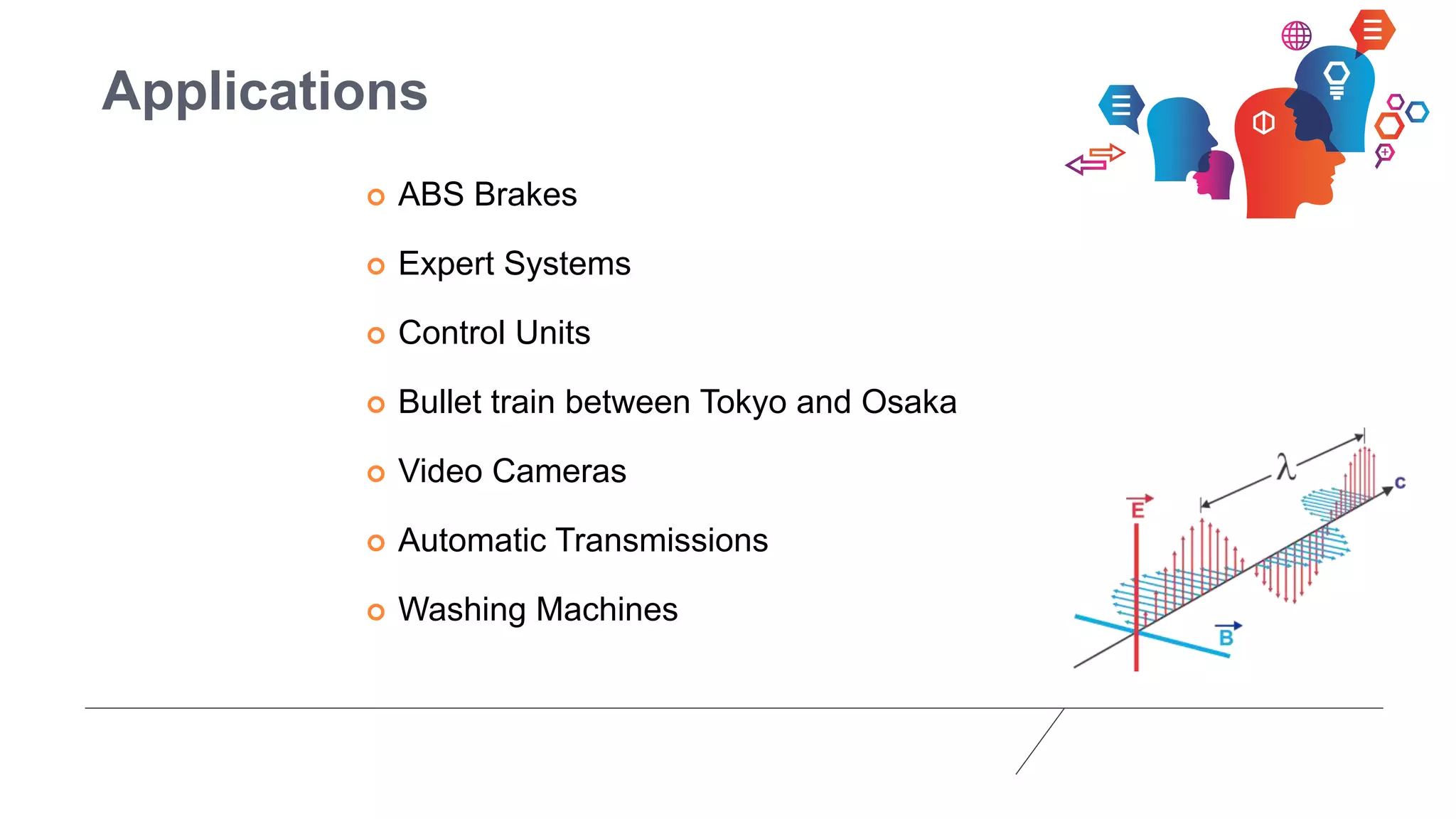 Applications
 ABS Brakes
 Expert Systems
 Control Units
 Bullet train between Tokyo and Osaka
 Video Cameras
 Automatic Transmissions
 Washing Machines
 